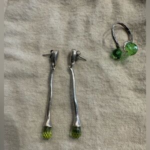 Silver and Green Stone earrings and ring set
